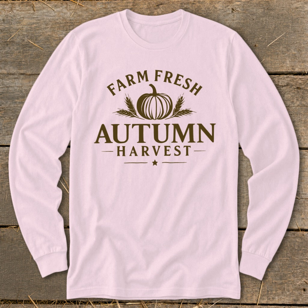 Long sleeve shirt with "Farm Fresh Autumn Harvest" text and a pumpkin graphic.
