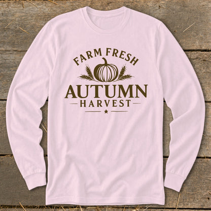 Long sleeve shirt with "Farm Fresh Autumn Harvest" text and a pumpkin graphic.