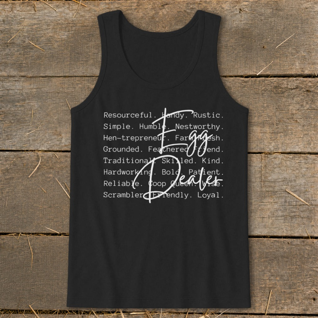 Black tank top with "Egg Dealer" and descriptive words for chicken keepers.