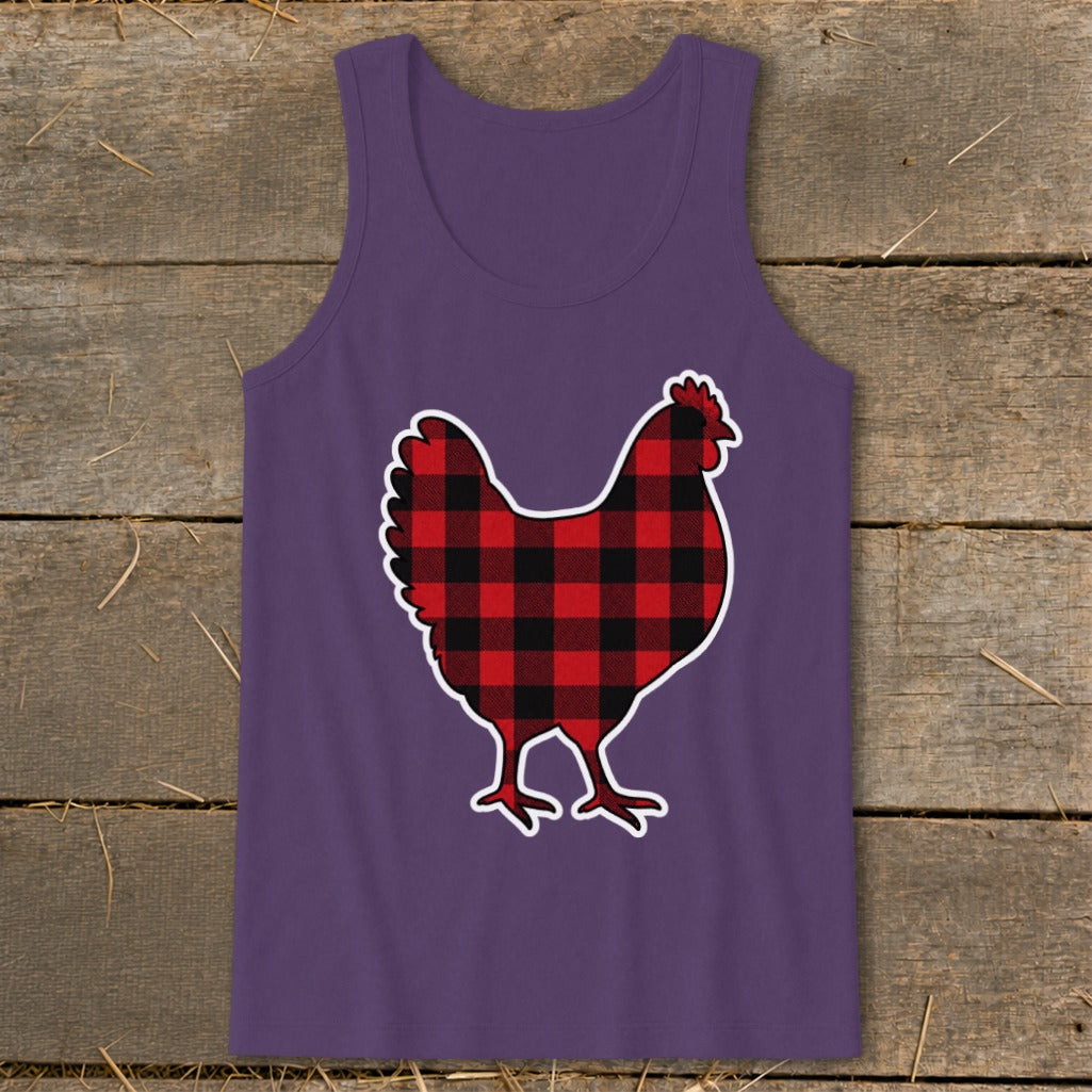 Purple tank top with red and black buffalo plaid chicken graphic.