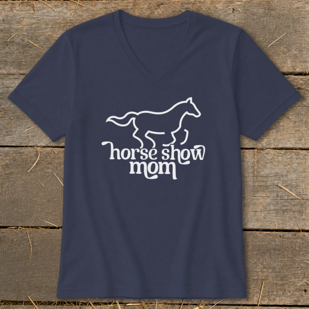 Navy v-neck t-shirt with white line art horse and text "horse show mom."
