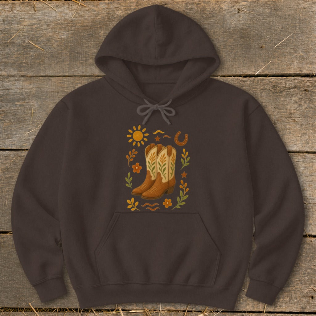 Brown hoodie with cowboy boots, sun, horseshoe, and floral graphic.