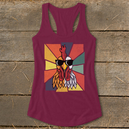 Maroon tank top with a retro-style rooster graphic wearing sunglasses.