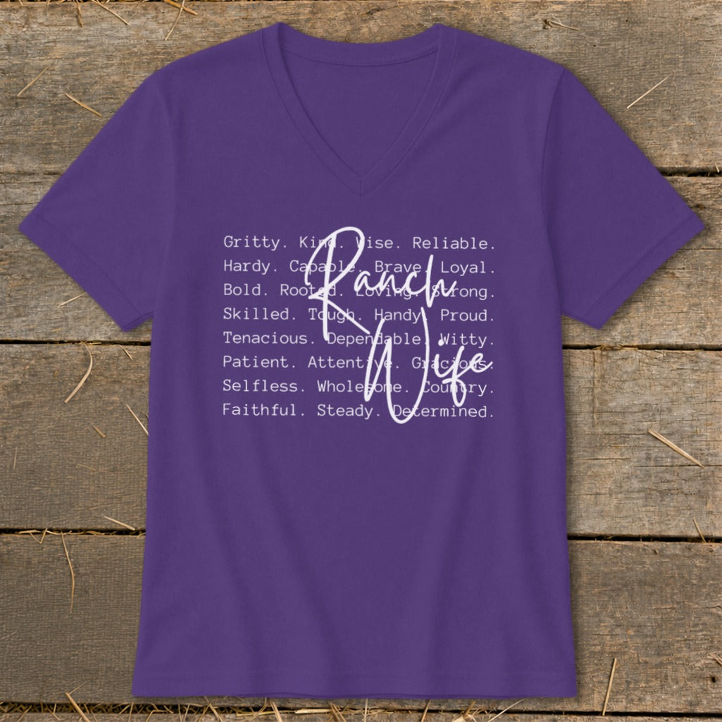Purple v-neck t-shirt with "Ranch Wife" and descriptive words in white text.