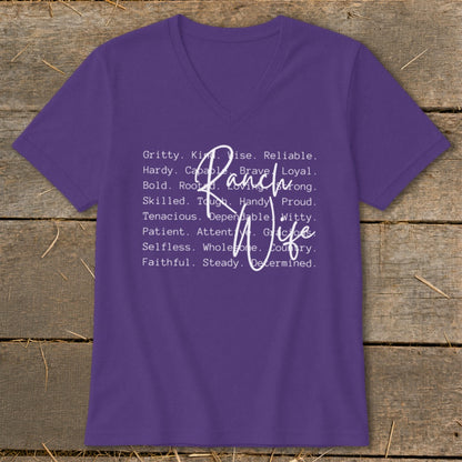 Purple v-neck t-shirt with "Ranch Wife" and descriptive words in white text.