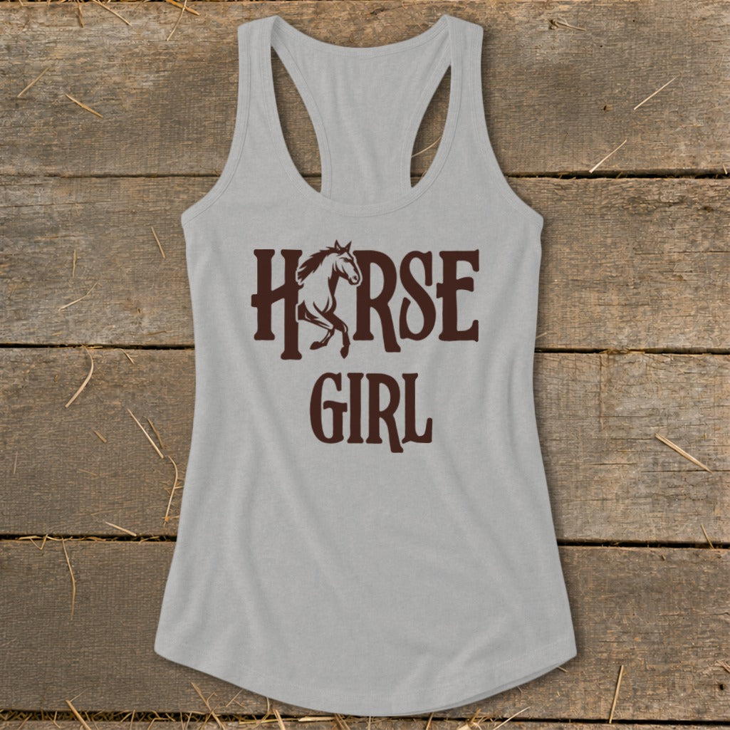 Grey tank top with brown "HORSE GIRL" text and horse graphic.