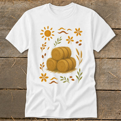 White t-shirt with a stacked hay bale graphic surrounded by autumn foliage and sun.