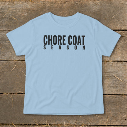 Light blue t-shirt with black text that reads "CHORE COAT SEASON".