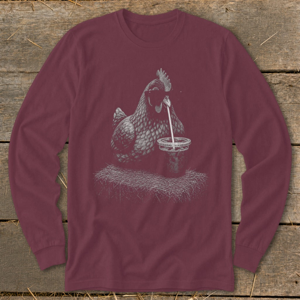 Long sleeve maroon t-shirt with a hen drinking from a cup.