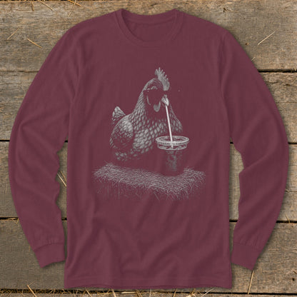 Long sleeve maroon t-shirt with a hen drinking from a cup.