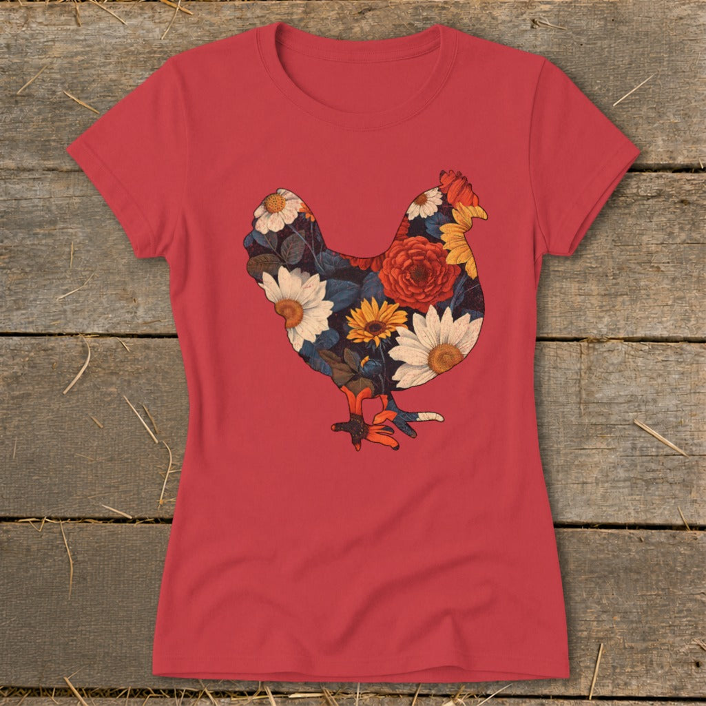 Red t-shirt with a chicken silhouette filled with colorful floral patterns.