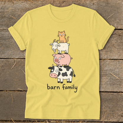 Yellow t-shirt with cartoon cow, pig, goat, and cat stacked with "barn family" text.