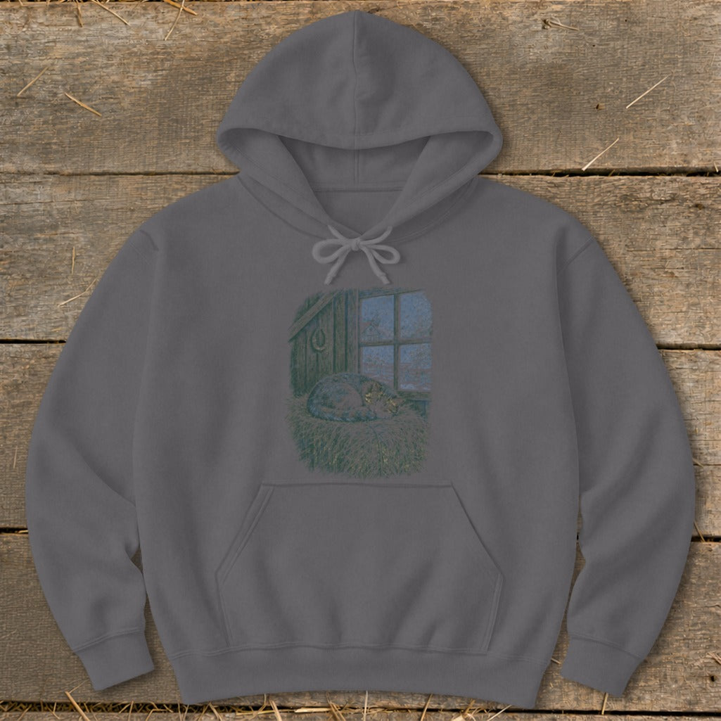Gray hoodie with a printed design of a cat sleeping on hay by a window.