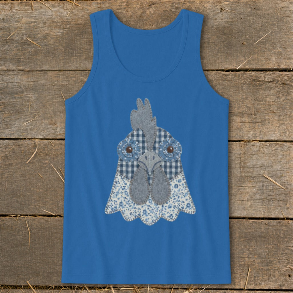 Blue tank top with a patchwork blue and gray chicken face graphic.