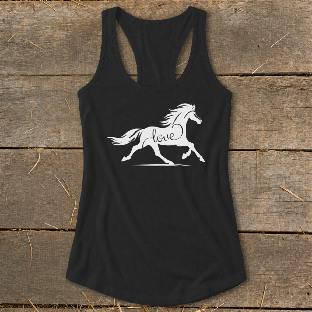 Black racerback tank top with white horse silhouette and "love" text.
