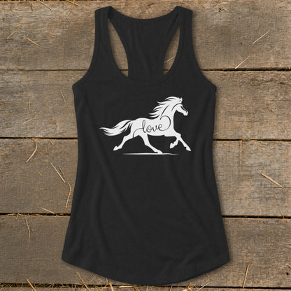 Black racerback tank top with white horse silhouette and "love" text.