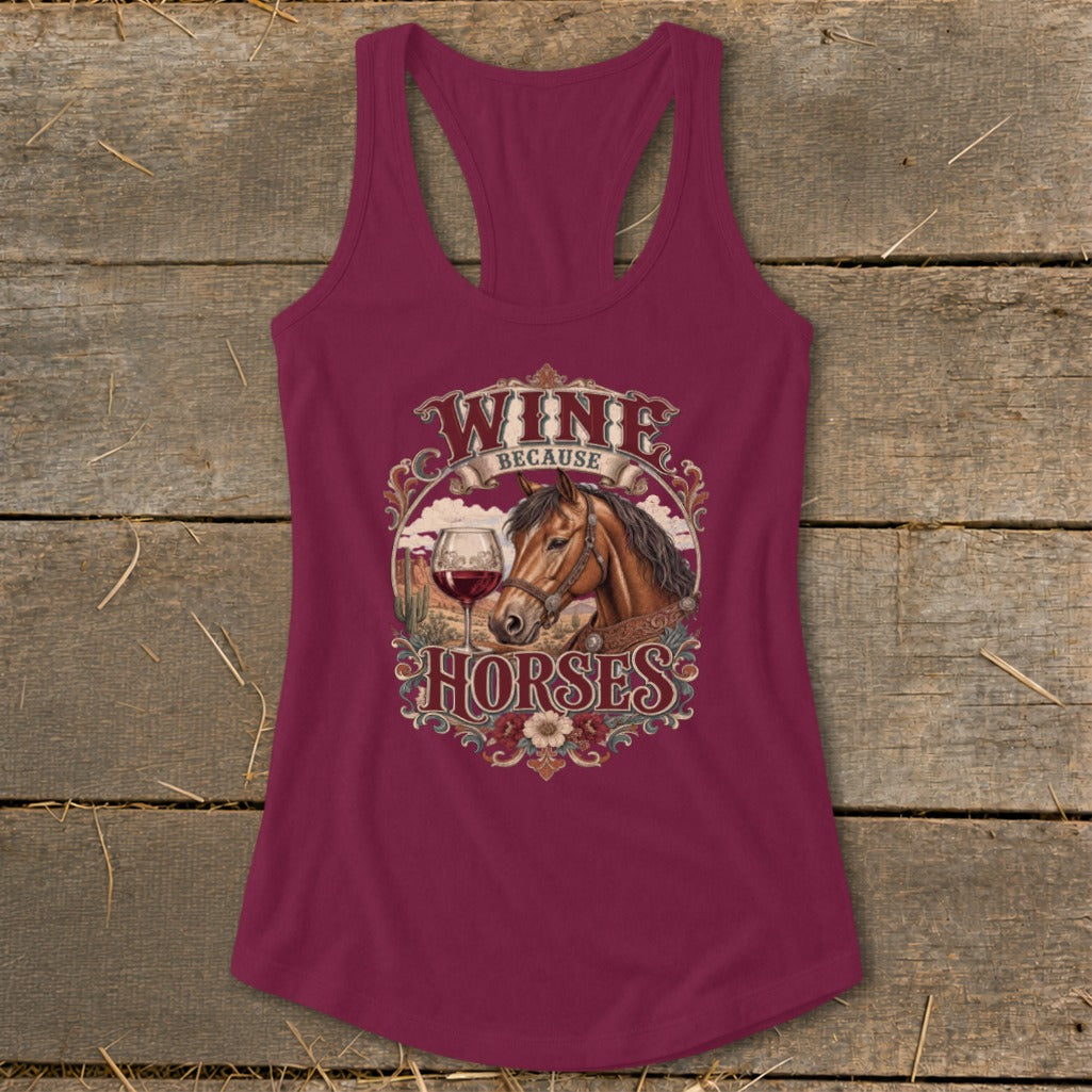Burgundy tank top with "Wine Because Horses" text and horse illustration.