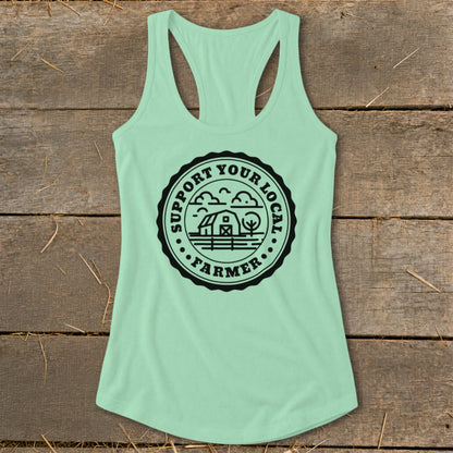 Mint green tank top with black "Support Your Local Farmer" circular graphic.