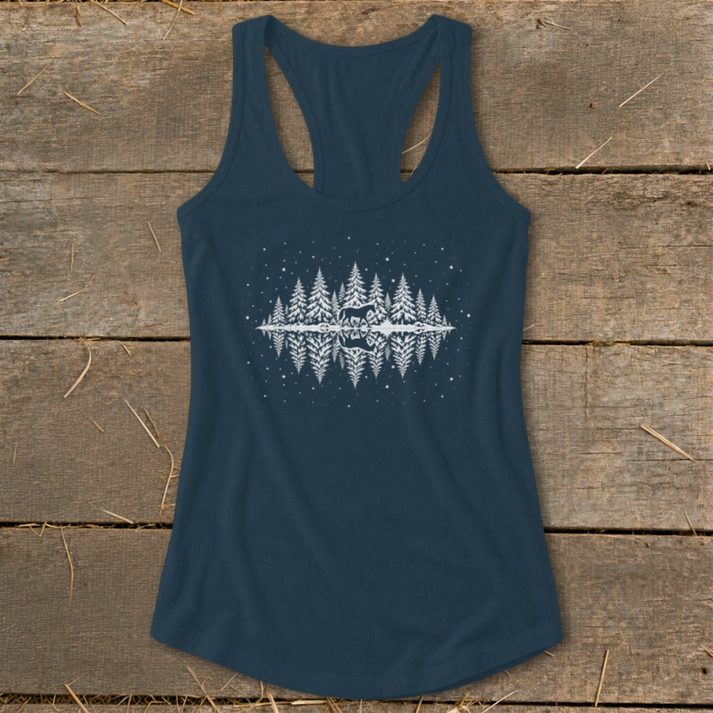 Dark blue racerback tank top with a white forest and deer silhouette reflection graphic.