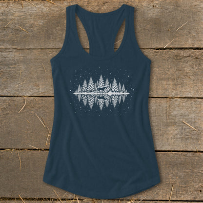 Dark blue racerback tank top with a white forest and deer silhouette reflection graphic.