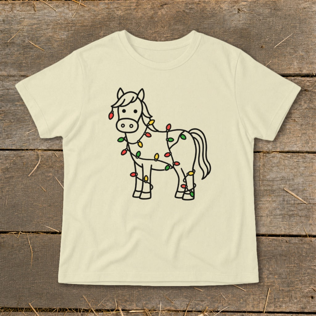 Light cream t-shirt with a black line drawing of a horse wrapped in colorful Christmas lights.