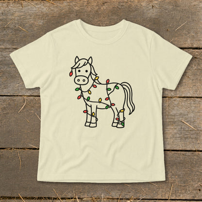 Light cream t-shirt with a black line drawing of a horse wrapped in colorful Christmas lights.