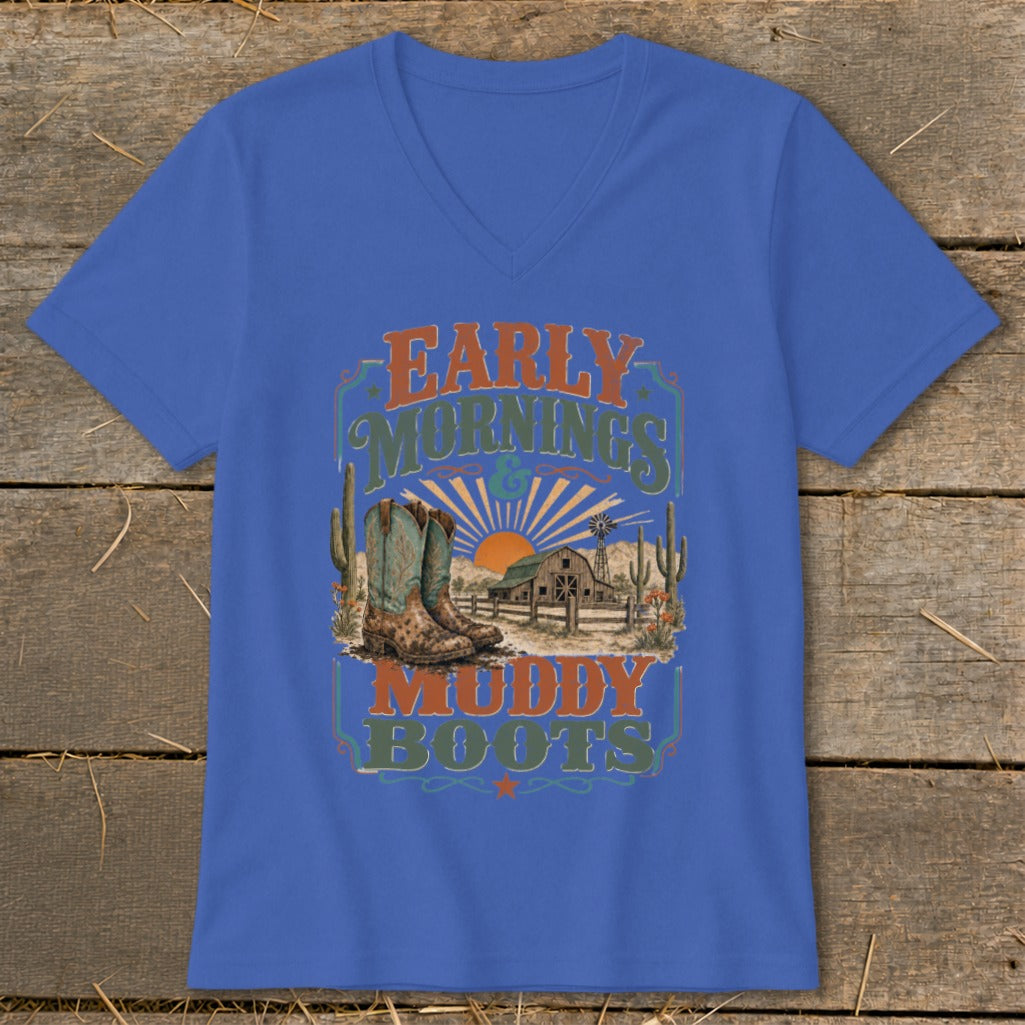 Blue t-shirt with "Early Mornings & Muddy Boots" text, cowboy boots, barn, and sunset graphic.