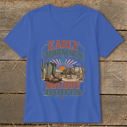 Blue t-shirt with "Early Mornings & Muddy Boots" text, cowboy boots, barn, and sunset graphic.