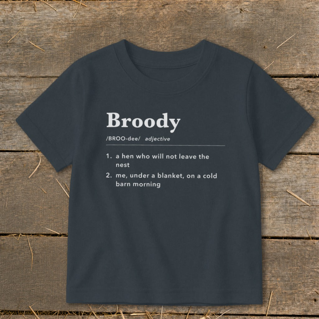 Dark grey t-shirt with "Broody" and its definition printed in white text.