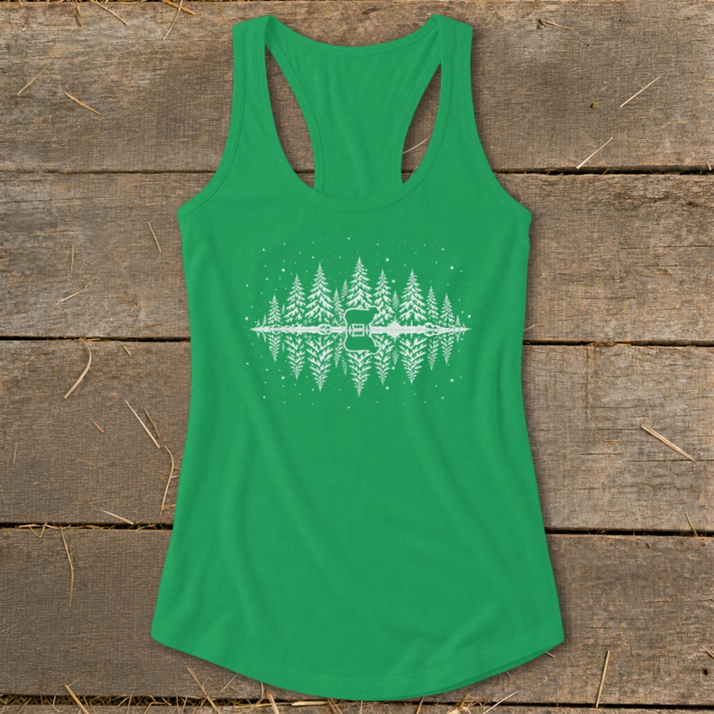Green tank top with white reflection graphic of trees and a guitar.