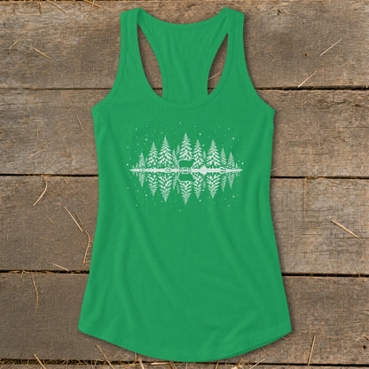 Green tank top with white reflection graphic of trees and a guitar.