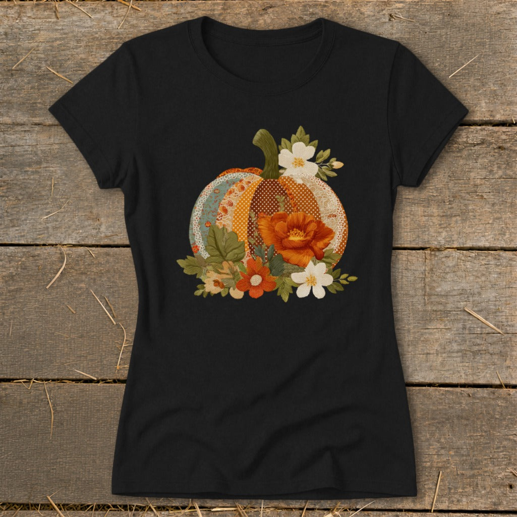 A black t-shirt featuring a colorful embroidered patchwork pumpkin surrounded by flowers on a wooden background.