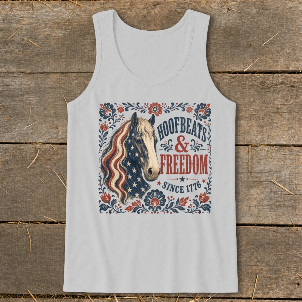 White tank top with a horse head design featuring "Hoofbeats & Freedom Since 1776".