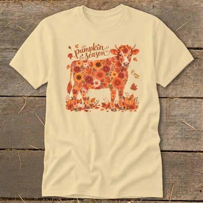 Cream t-shirt with a cow graphic made of autumn flowers and pumpkins, reading "Pumpkin Season."