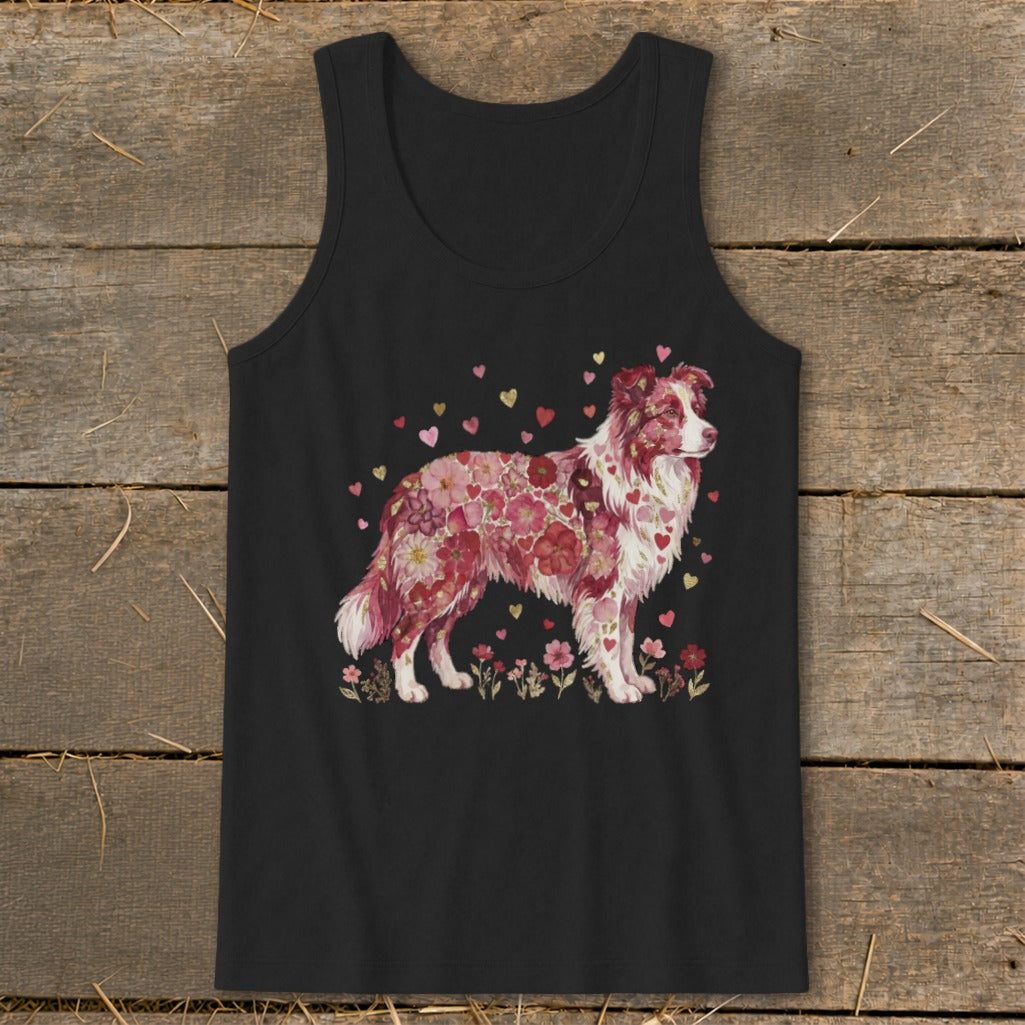 Black tank top with a red and white dog made of flowers and hearts.