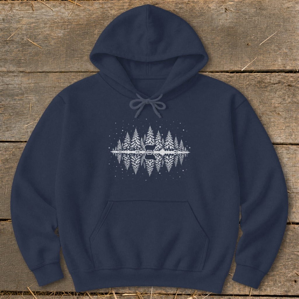 Navy hoodie with white graphic of pine trees and guitar reflecting in water.