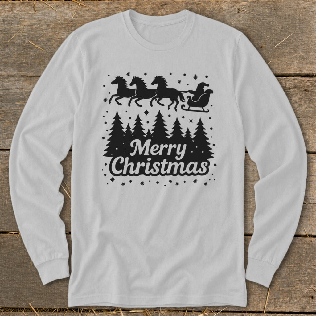 Long sleeve shirt with Santa in a sleigh pulled by horses and "Merry Christmas" text.