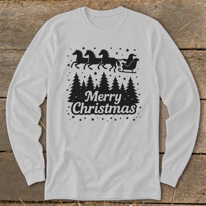 Long sleeve shirt with Santa in a sleigh pulled by horses and "Merry Christmas" text.