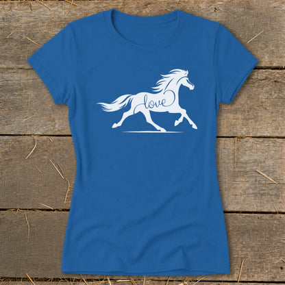 White horse silhouette with "love" text on a blue t-shirt.