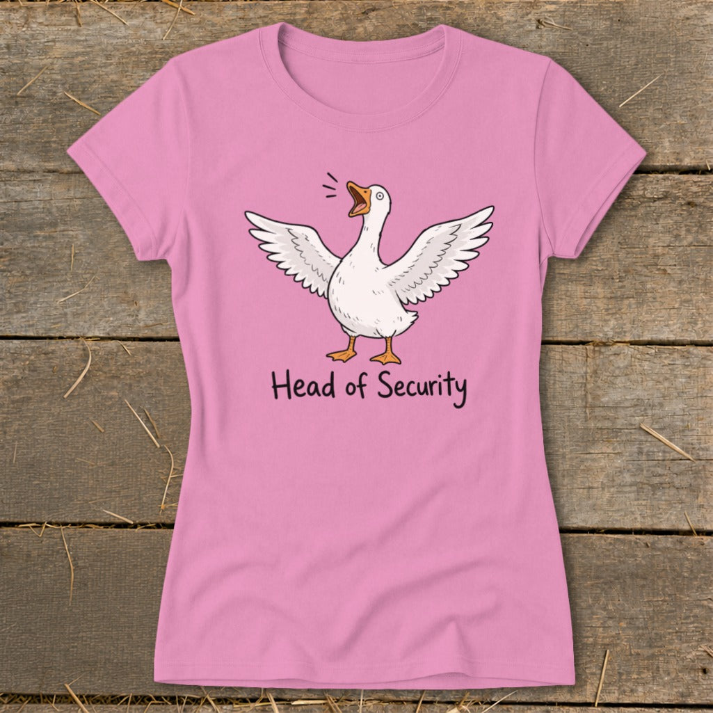Pink t-shirt with a goose graphic and text "Head of Security".