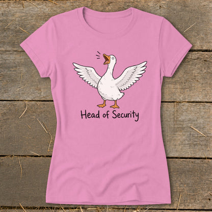 Pink t-shirt with a goose graphic and text "Head of Security".
