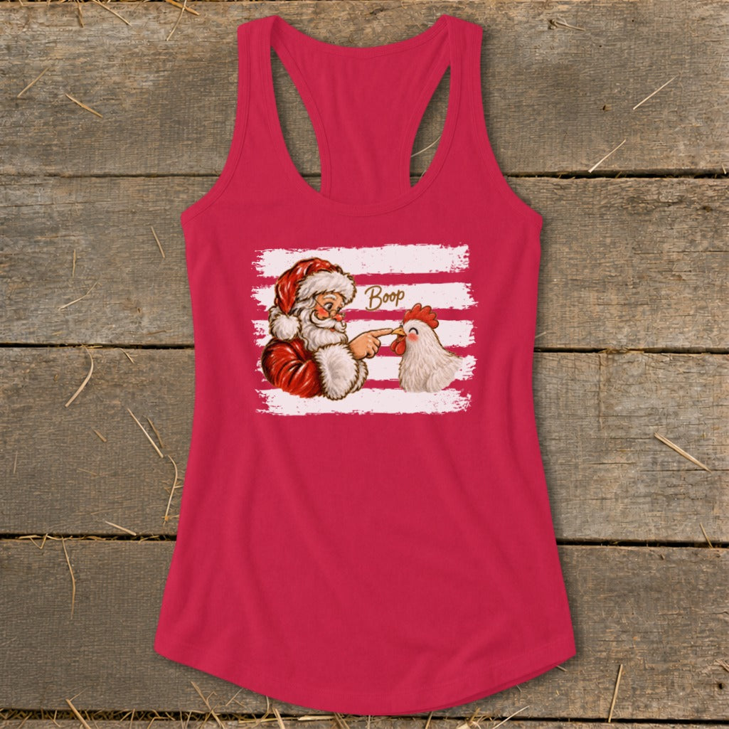 Santa booping a chicken with the word "Boop" on a pink tank top.