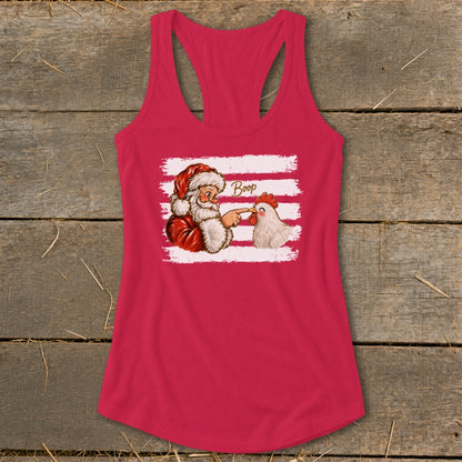 Santa booping a chicken with the word "Boop" on a pink tank top.
