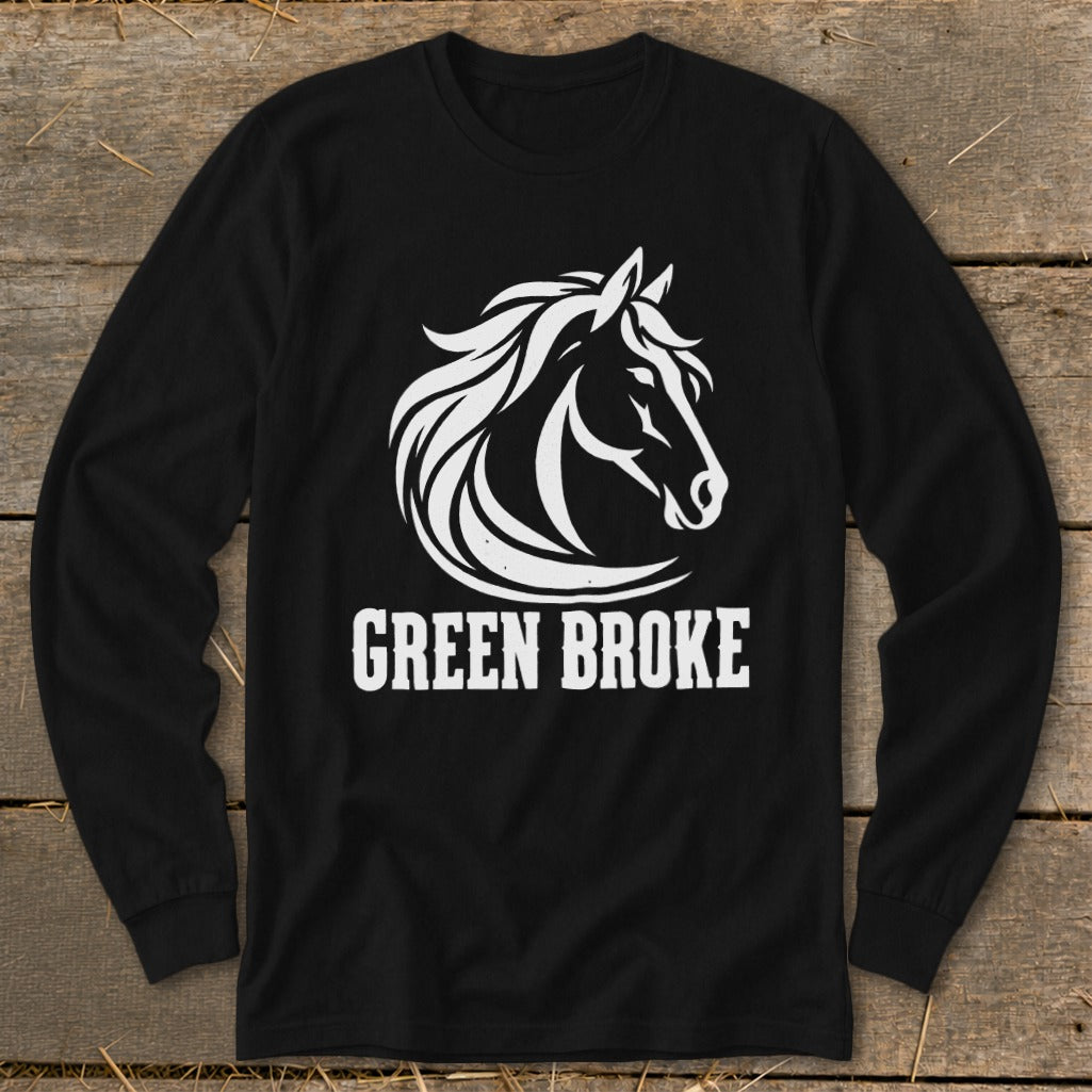 A black long-sleeve t-shirt with a white horse head logo and the text GREEN BROKE.