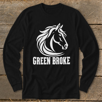 A black long-sleeve t-shirt with a white horse head logo and the text GREEN BROKE.