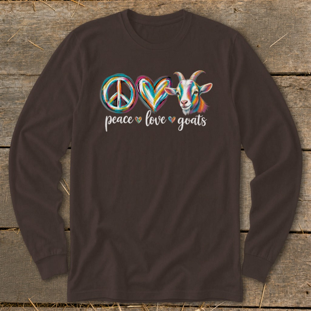 Brown long-sleeved shirt with peace, love, and goats graphic featuring a colorful goat.