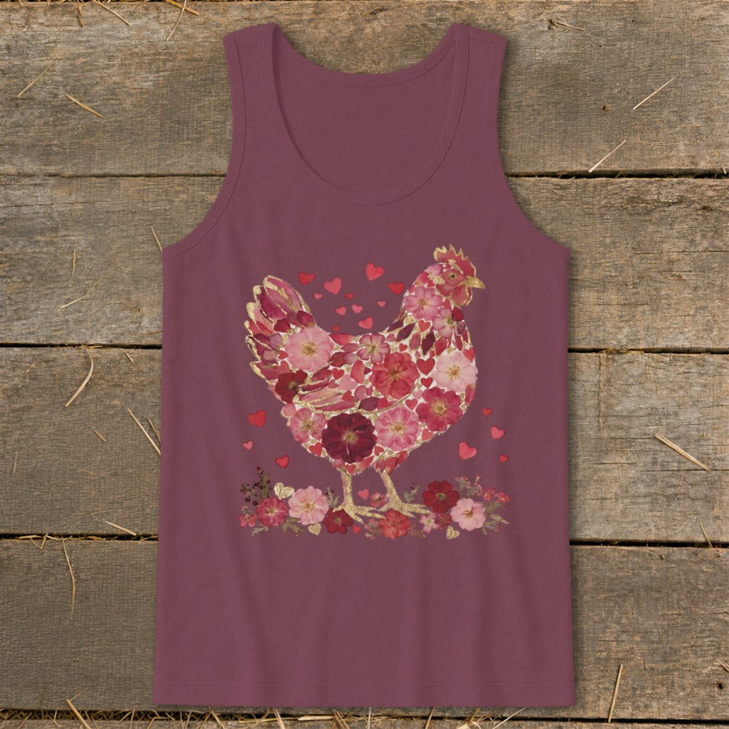 Maroon tank top with a chicken graphic made of pink and red flowers.