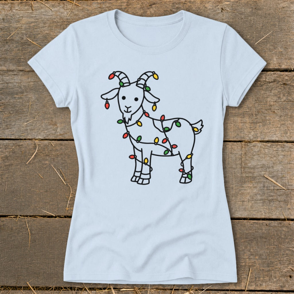 Light blue t-shirt featuring a cartoon goat wrapped in colorful Christmas lights.