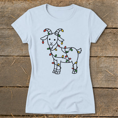 Light blue t-shirt featuring a cartoon goat wrapped in colorful Christmas lights.
