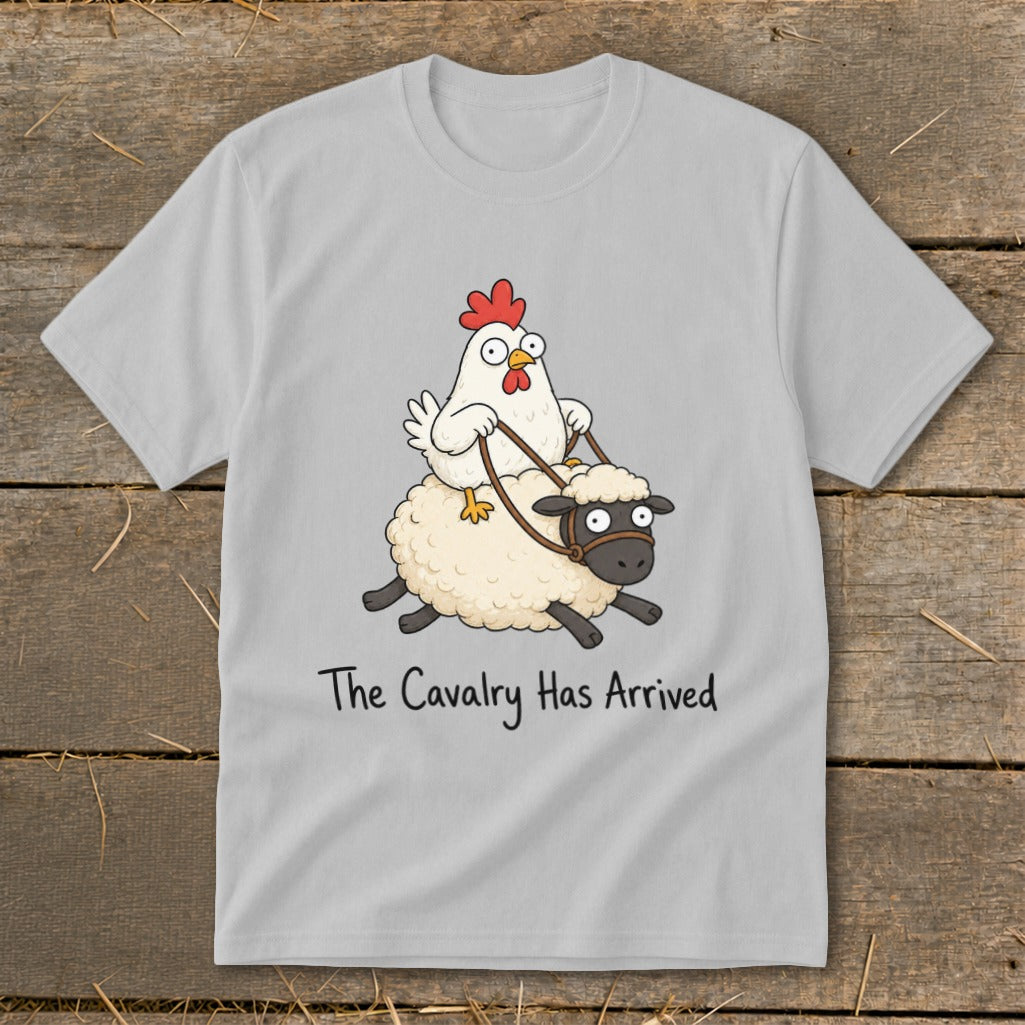 Cartoon chicken riding a sheep with text "The Cavalry Has Arrived".